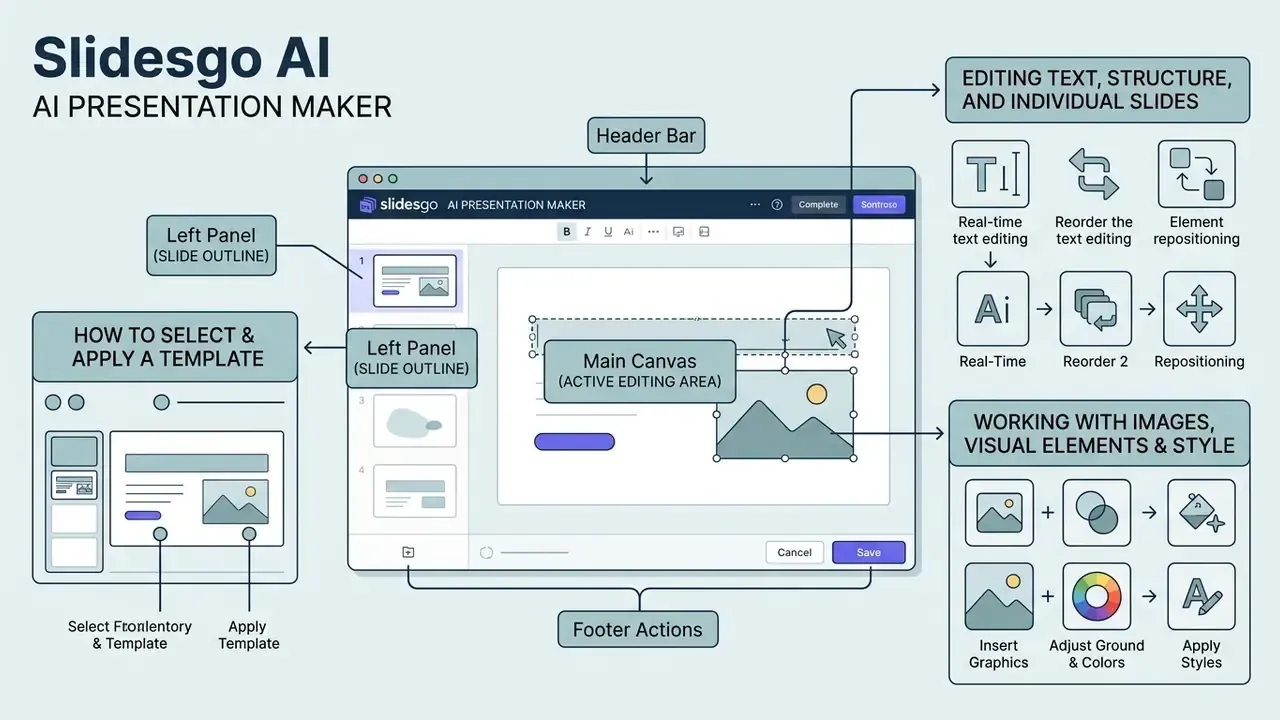 Annotated diagram of the Slidesgo AI presentation maker interface showing editing and design tools