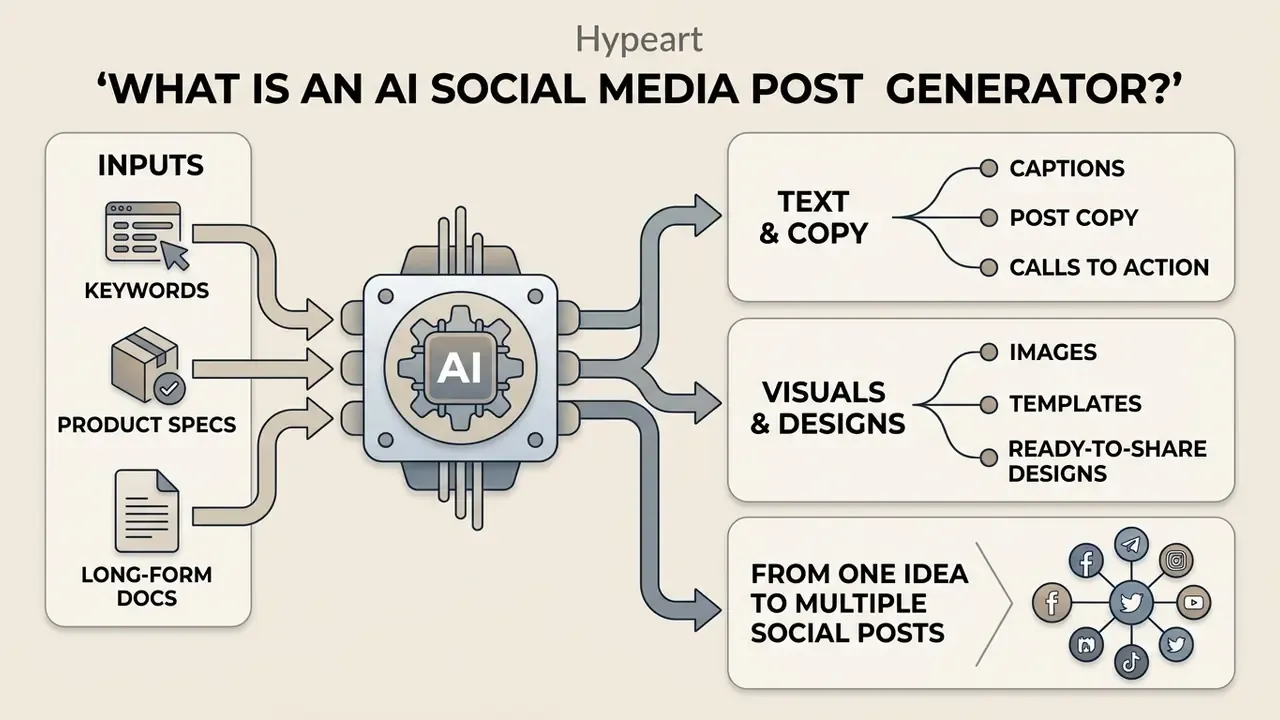Diagram showing how an AI social media post generator converts various inputs into text, visuals, and posts