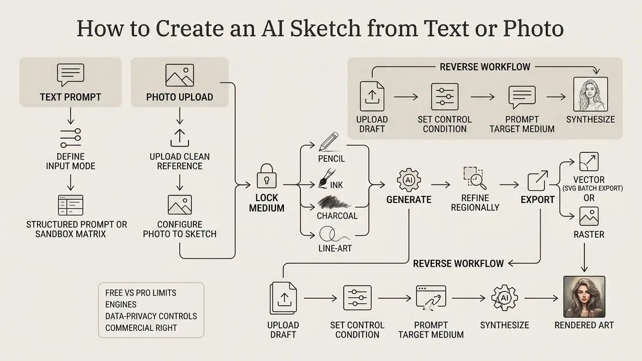 Step by step process diagram showing text and photo inputs, medium selection, and final export options
