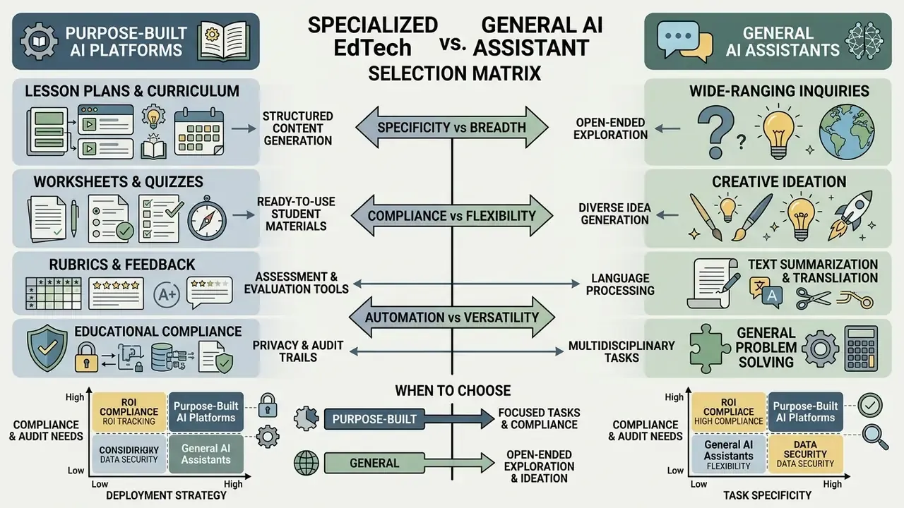Selection matrix comparing specialized EdTech tools against general AI assistants for classroom tasks