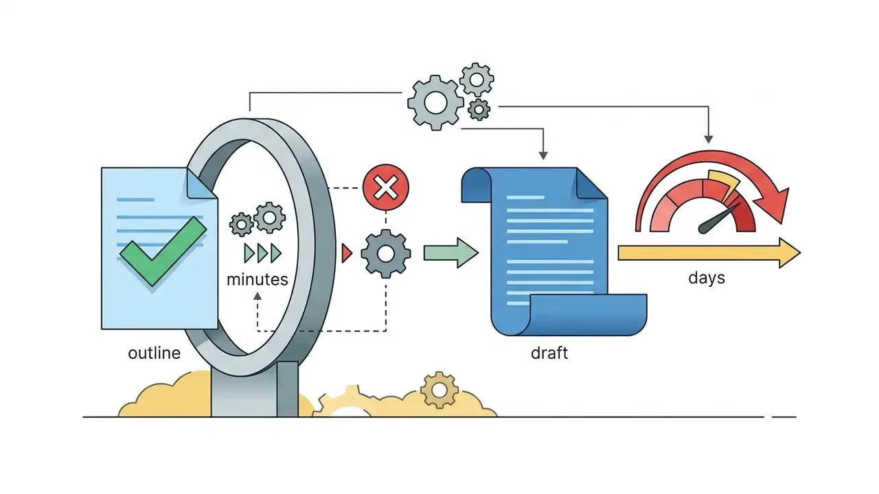Visual representation comparing the time efficiency of correcting document outlines versus full drafts