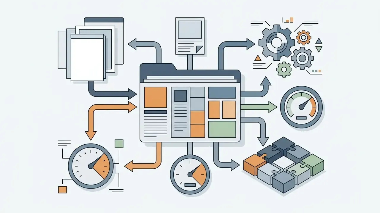 Folder icon connected by arrows to gauges, gear systems, document stacks, and a modular puzzle grid