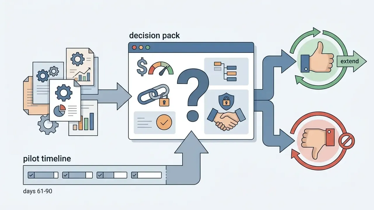 Documents and timeline data feeding into a decision hub that points toward thumbs up or thumbs down outcomes