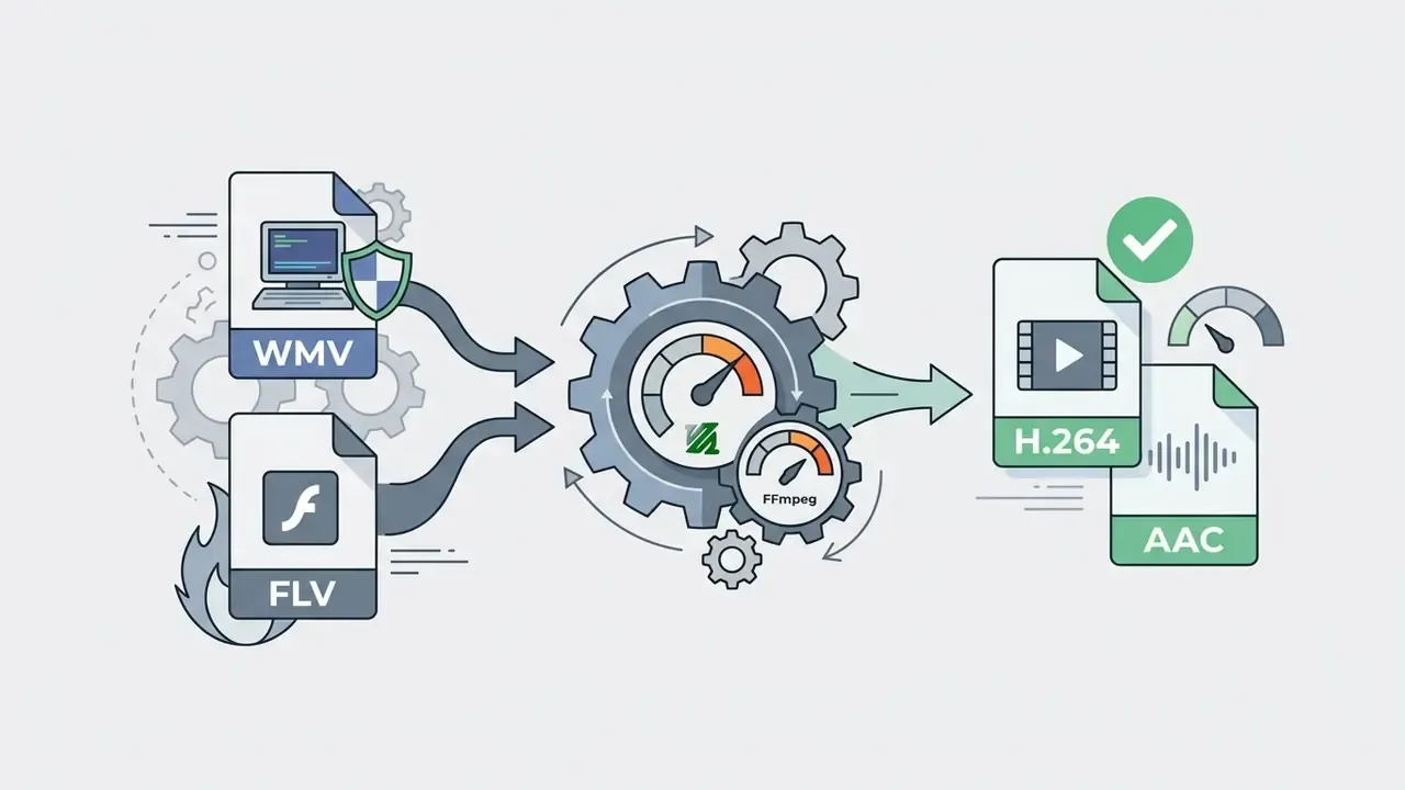 WMV and FLV files entering a mechanical gear system to be converted into H.264 video and AAC audio files