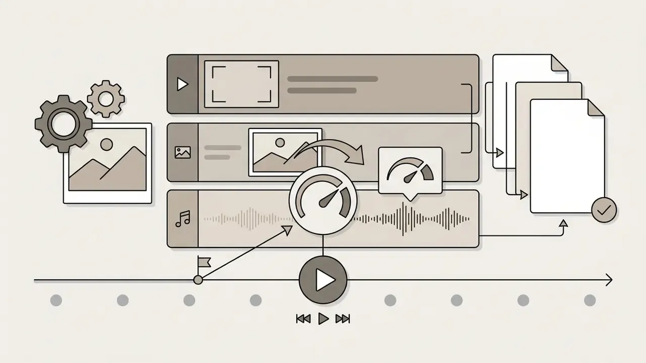 Speedometer icon adjusting playback of image and audio tracks on a multi-layered editing timeline
