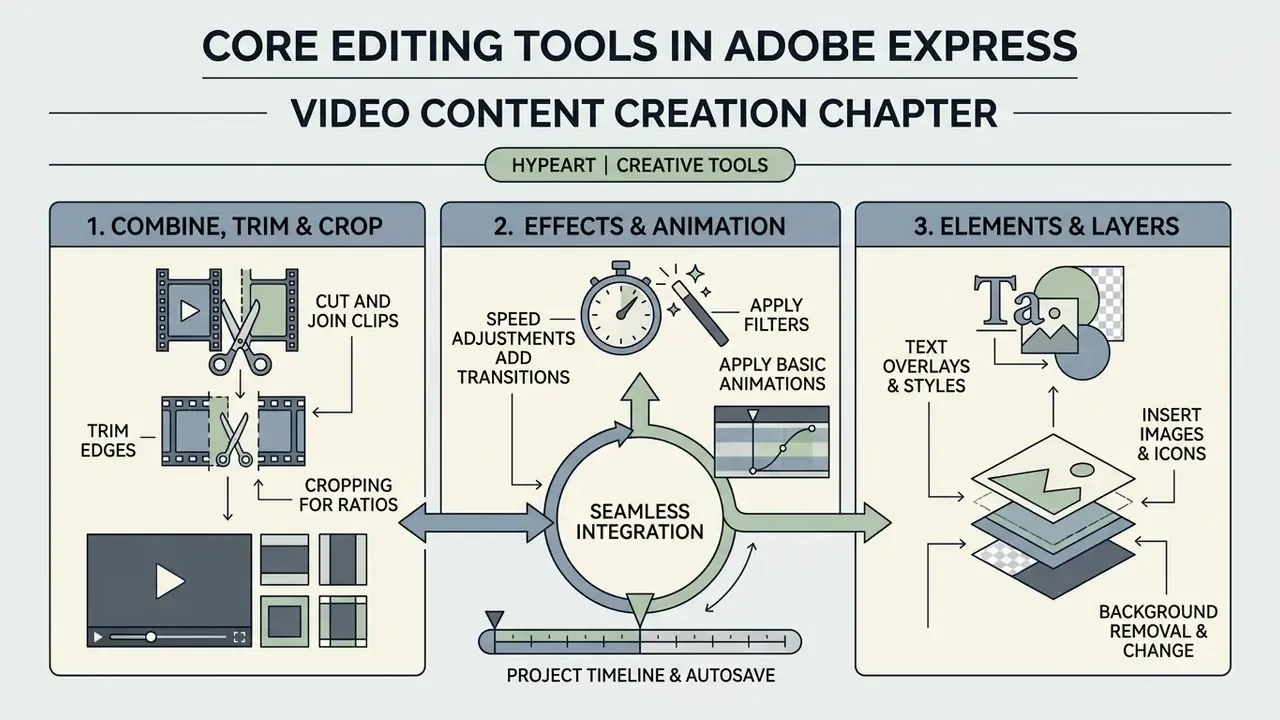 Infographic showing three stages of video editing in Adobe Express including trimming, effects, and layering
