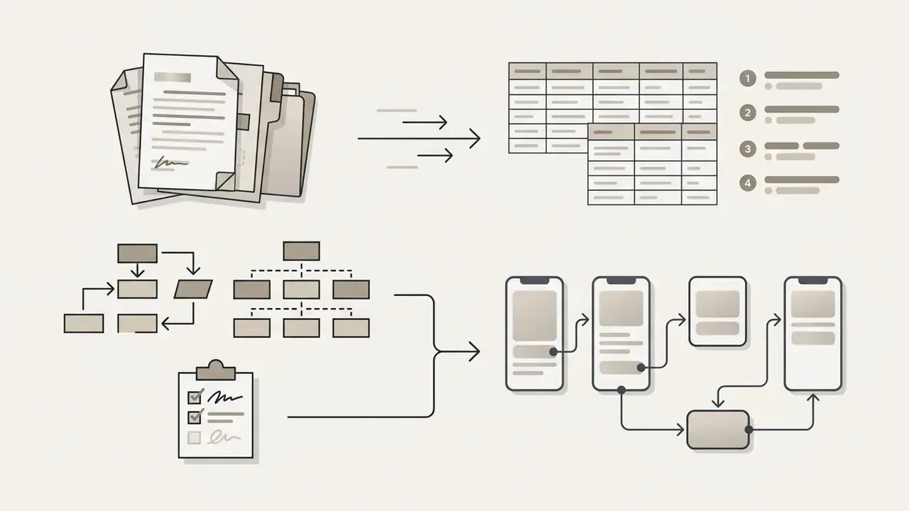 Stack of files converting into tables, lists, and mobile app interface navigation screens
