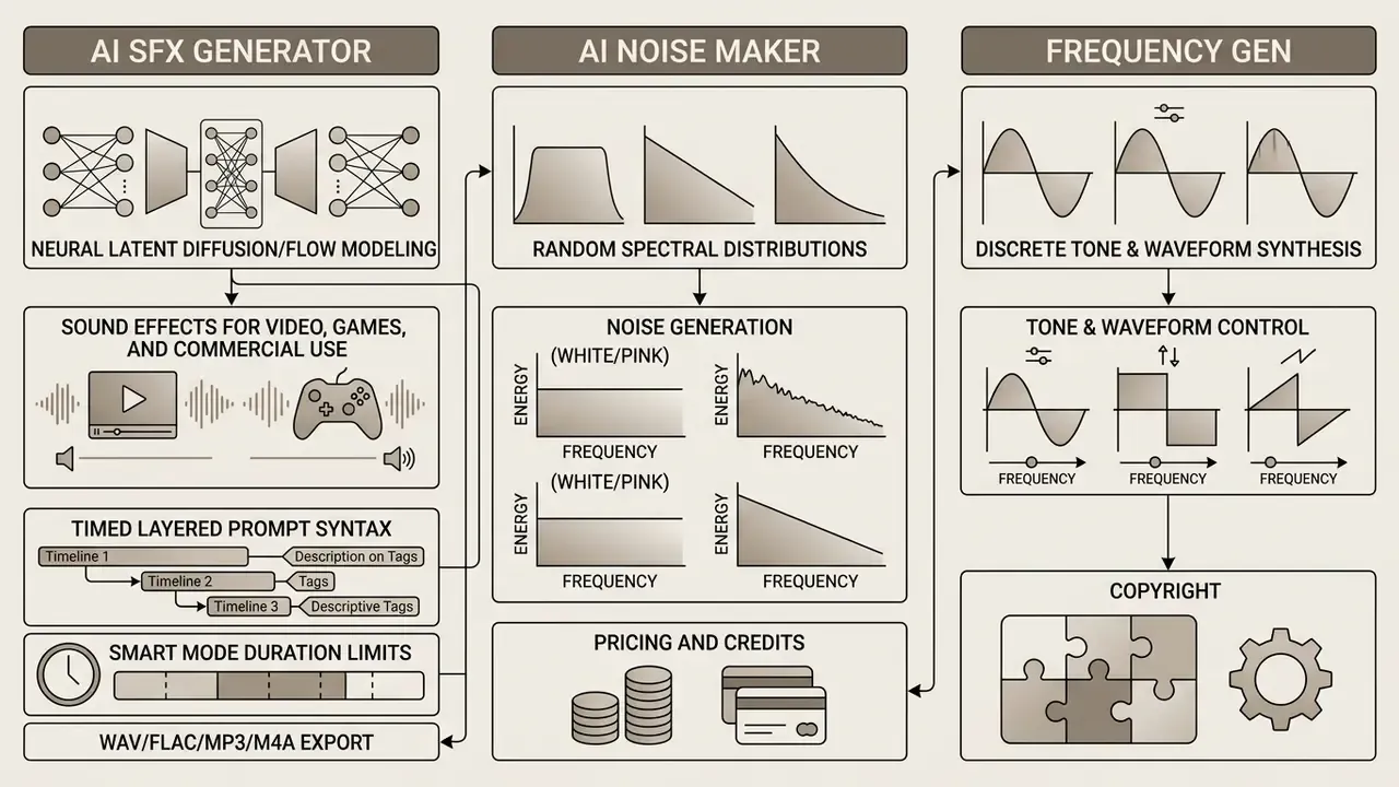 Flowchart detailing technical paradigms for AI sound generator tools through neural and spectral models