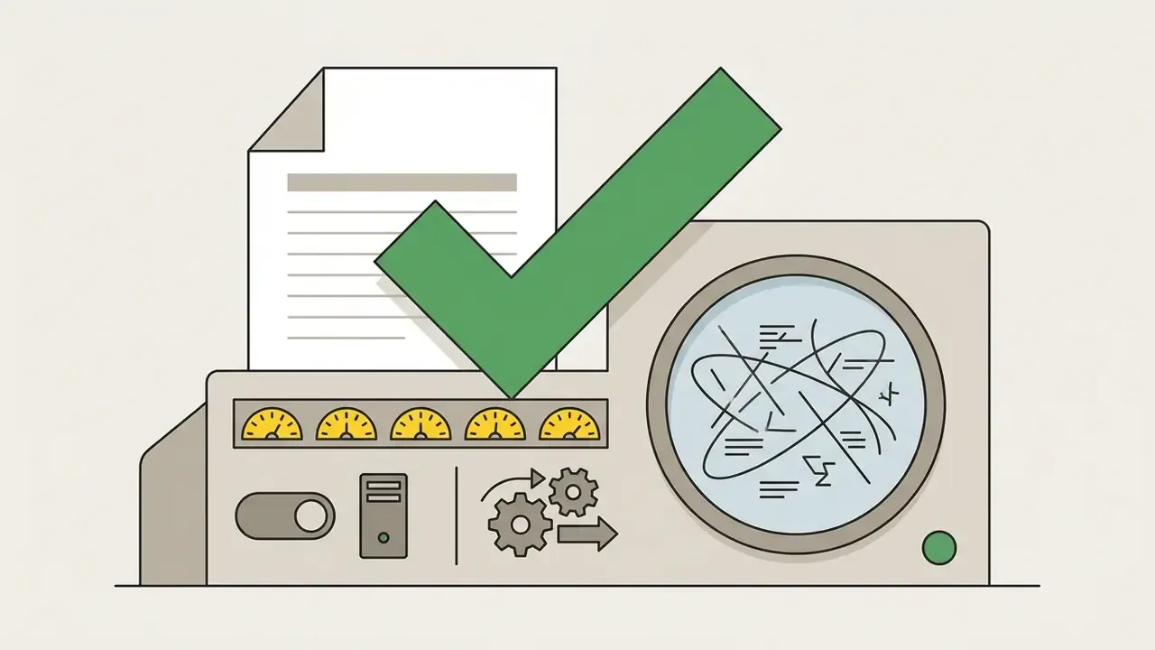Document being scanned by a machine with dials and a circular monitor marked by a large green checkmark