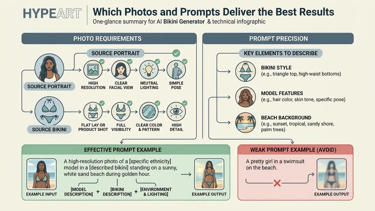 Diagram comparing photo requirements and prompt precision for creating realistic swimwear images