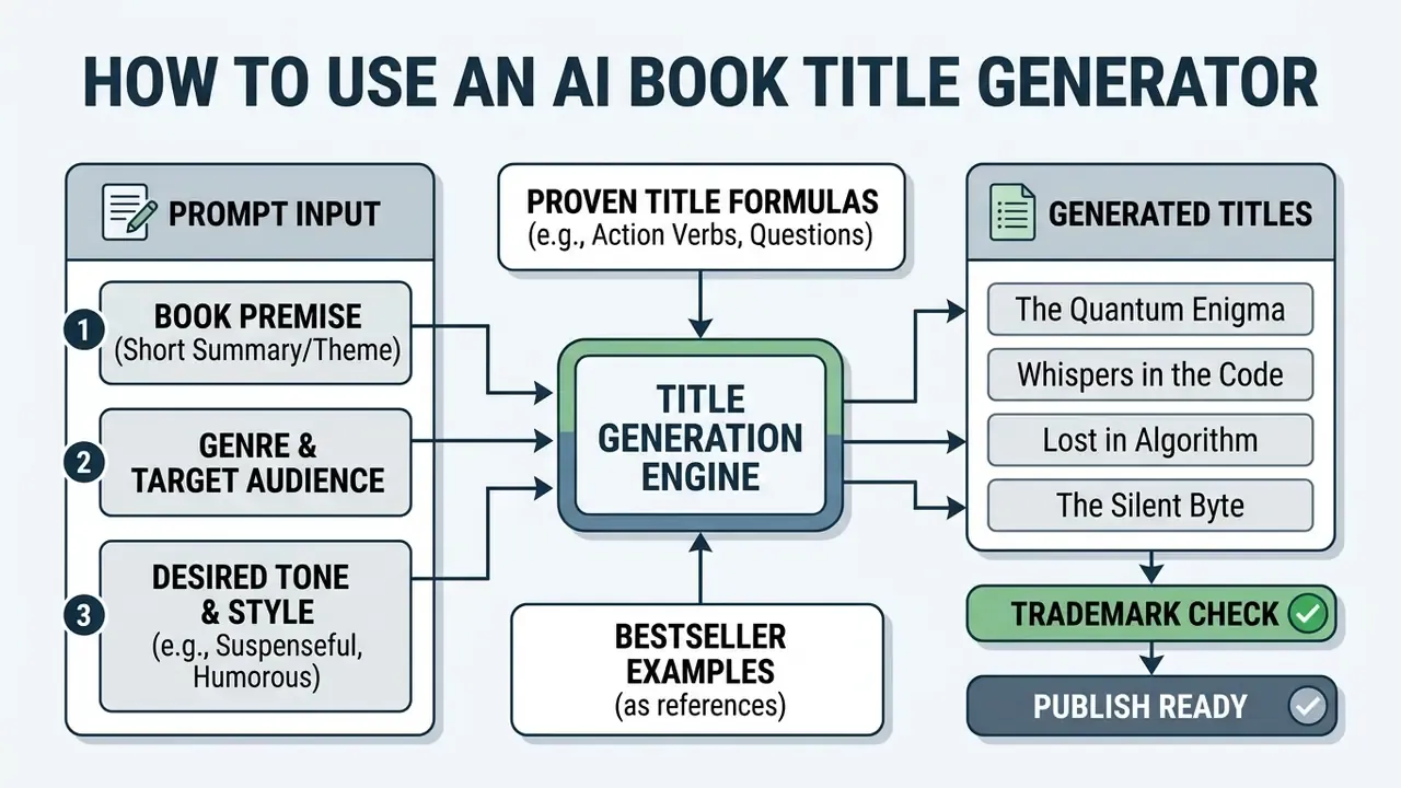 Diagram showing the structure of an AI book title generator prompt and the resulting output process
