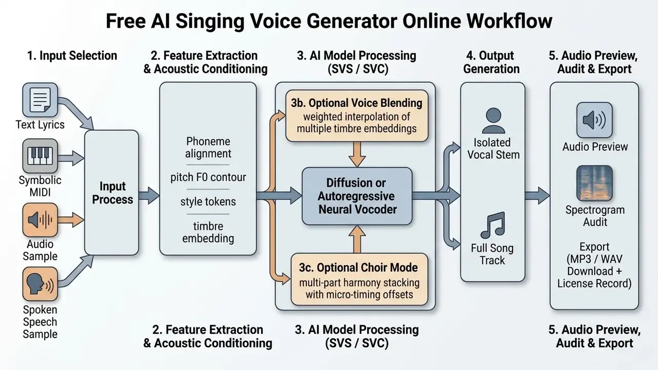 Flowchart showing the five stages of an AI singing voice generator from input selection to final export