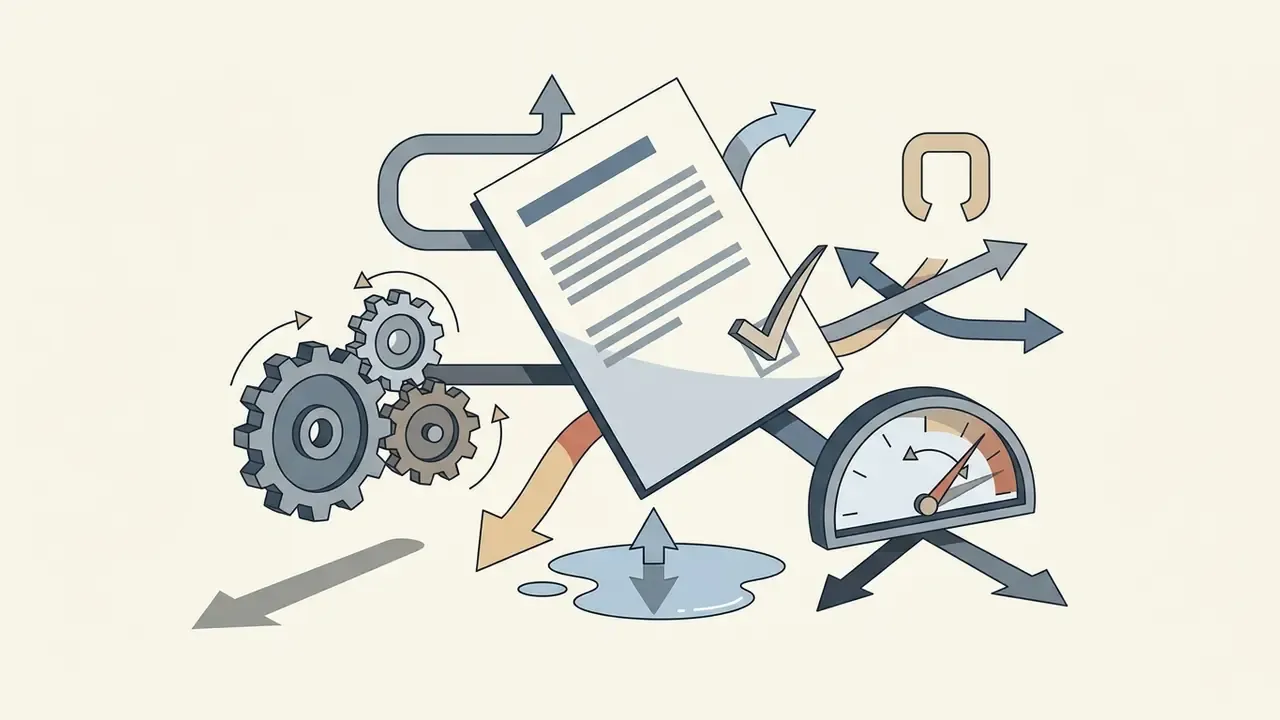Document with a checkmark surrounded by spinning gears, a gauge, and various directional arrows