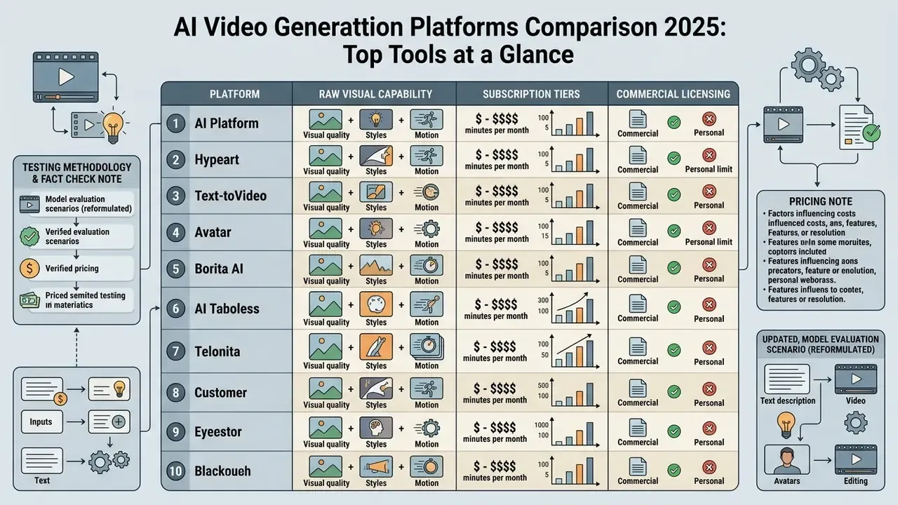 Comparison table evaluating ten AI video generator apps across visual capability, pricing, and licensing