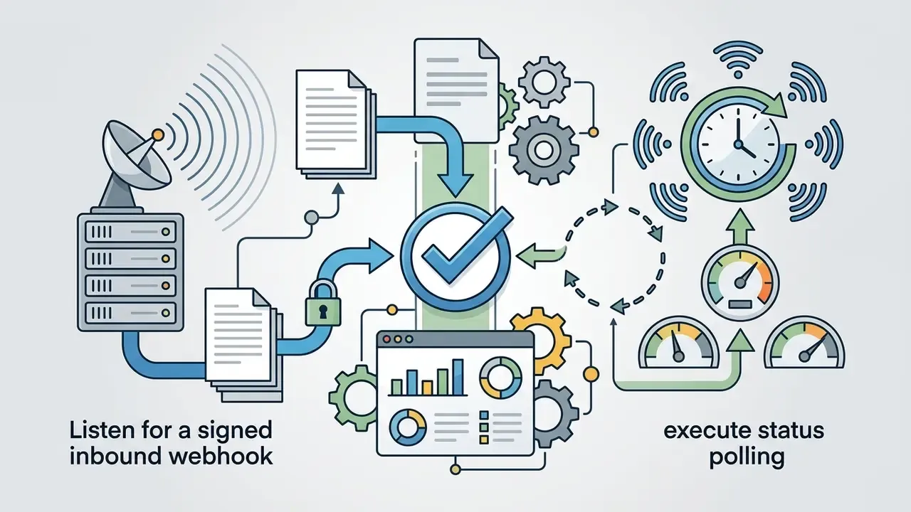Satellite and server icons connecting to document workflows, status gauges, and a central checkmark icon