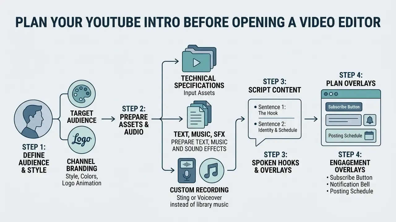 Flowchart outlining the four steps to prepare YouTube video assets, branding, scripts, and overlays