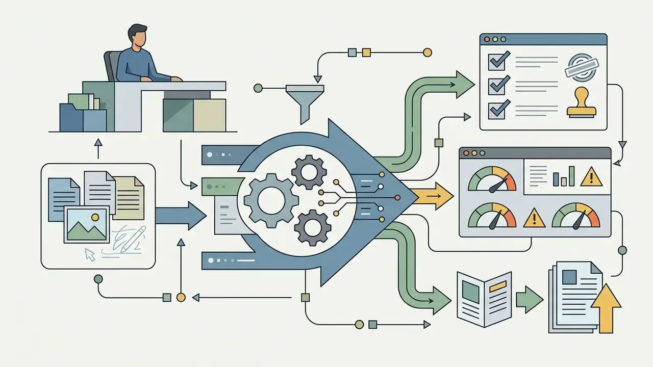 Person reviewing digital assets and data metrics processed through an automated AI generation system