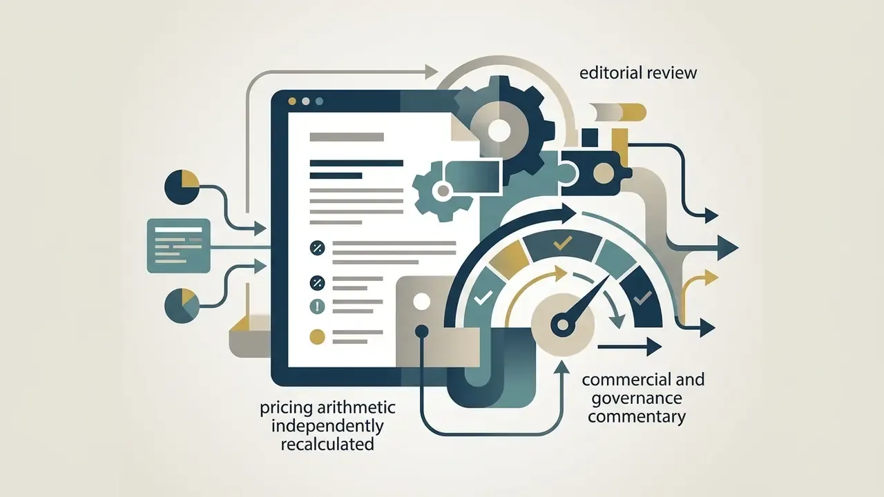 Document being processed through gears and a gauge to represent editorial review of pricing arithmetic