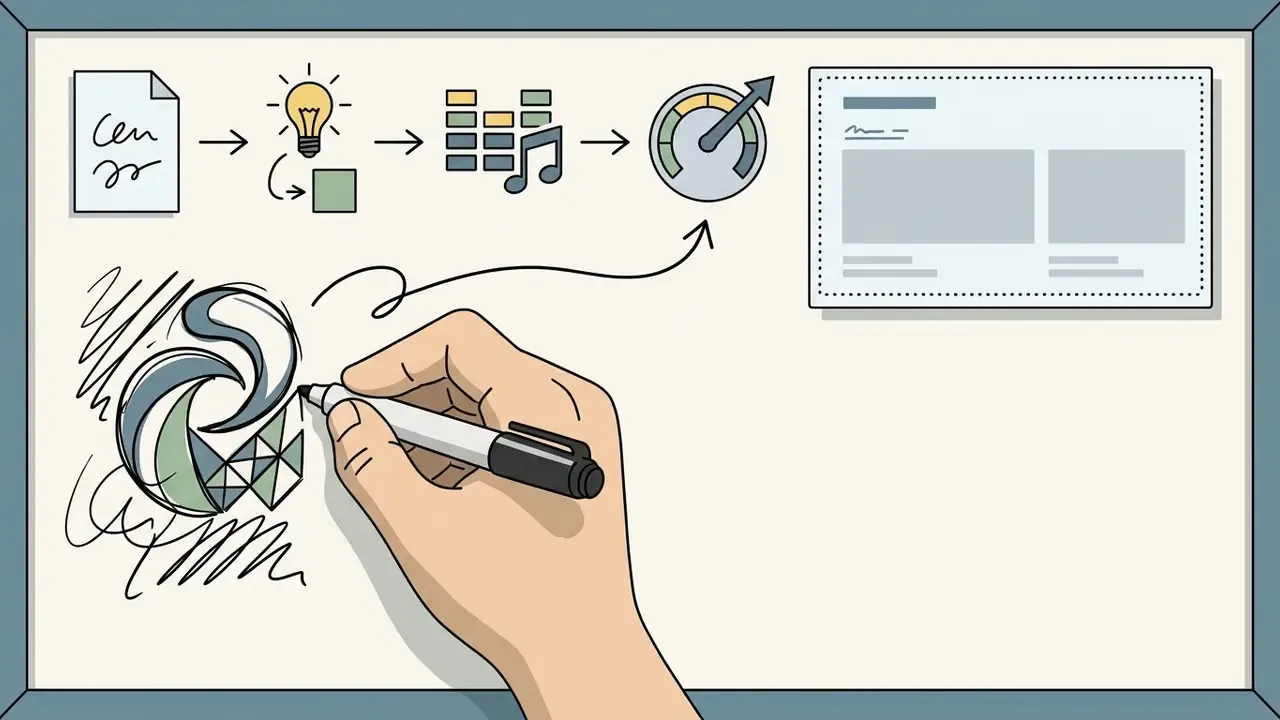 Hand drawing a logo on a whiteboard with icons for ideas, audio, and speed leading to a video end screen layout