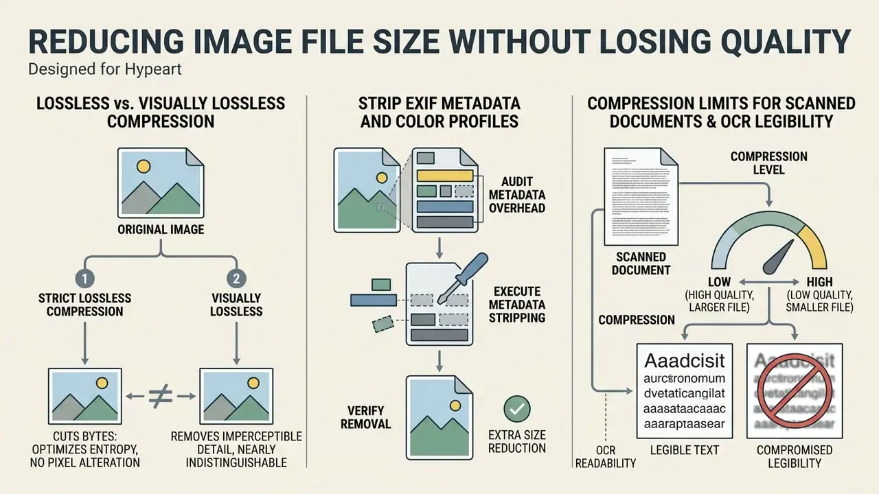 Infographic comparing compression methods, metadata removal, and OCR legibility for document files
