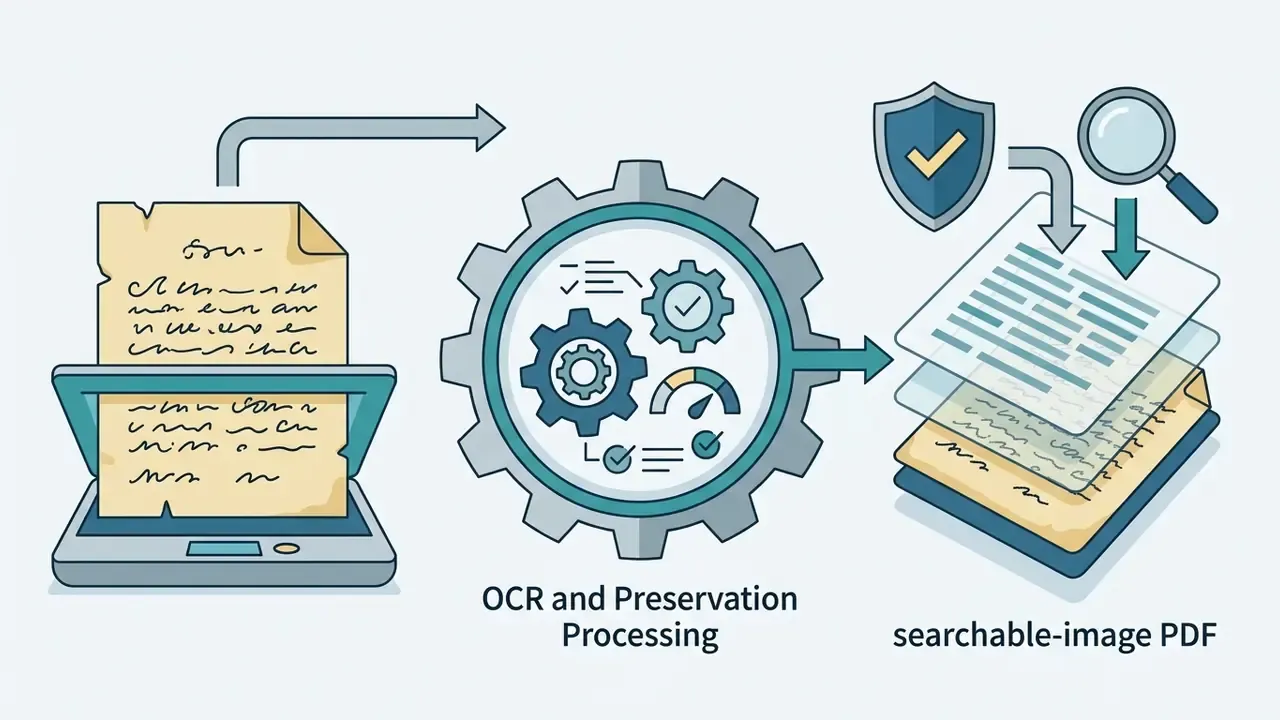 Scanned document moving through a central gear processor to become a searchable-image PDF file