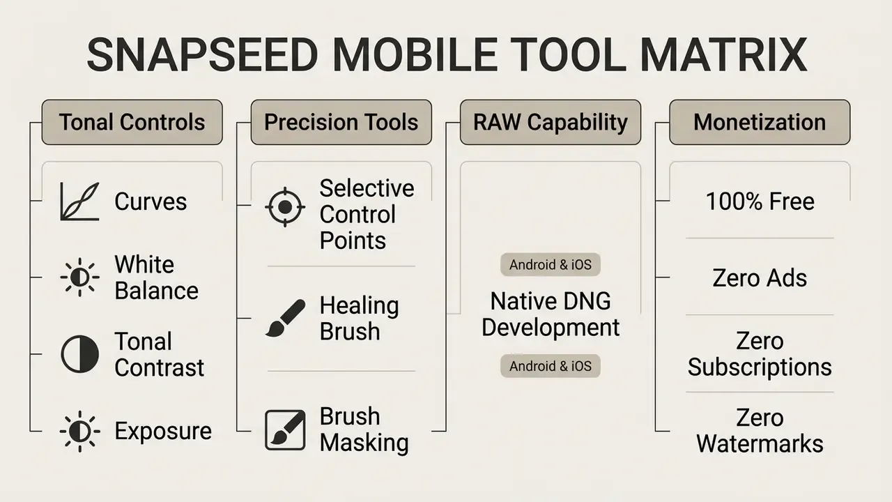 Table outlining Snapseed features including tonal controls, precision tools, RAW support, and monetization