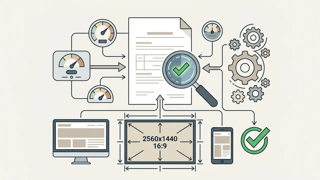 Technical icons and a magnifying glass analyzing document data and banner dimensions for YouTube