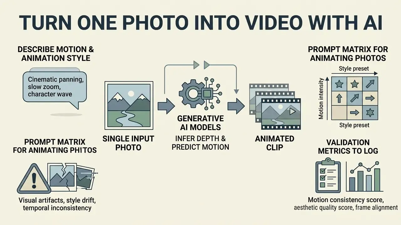 Diagram showing generative AI processing a single photo into an animated clip with motion prompt matrices