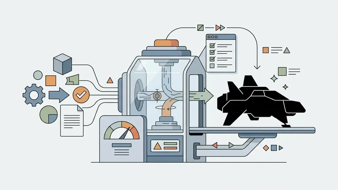 Various data inputs feeding into a central processing machine that outputs a 3D silhouette of a spaceship