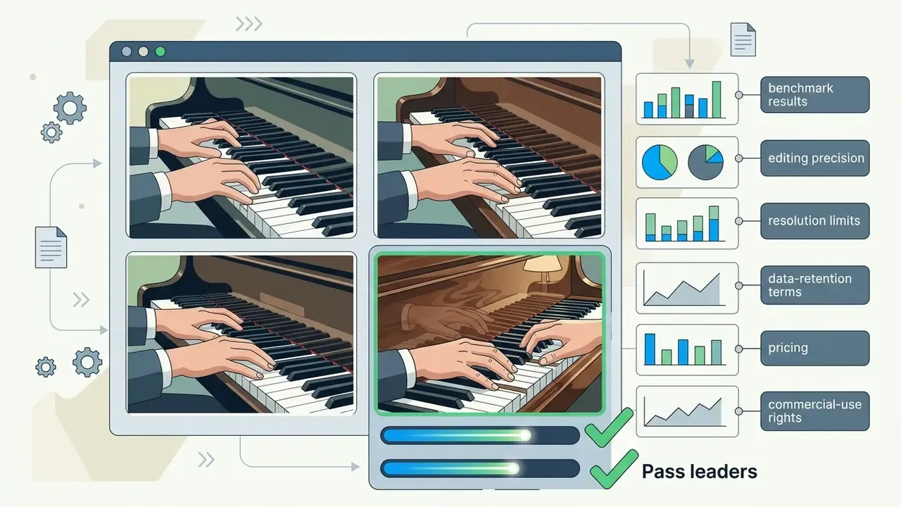 Four panels showing hands playing a piano alongside charts tracking benchmark metrics and pass leaders