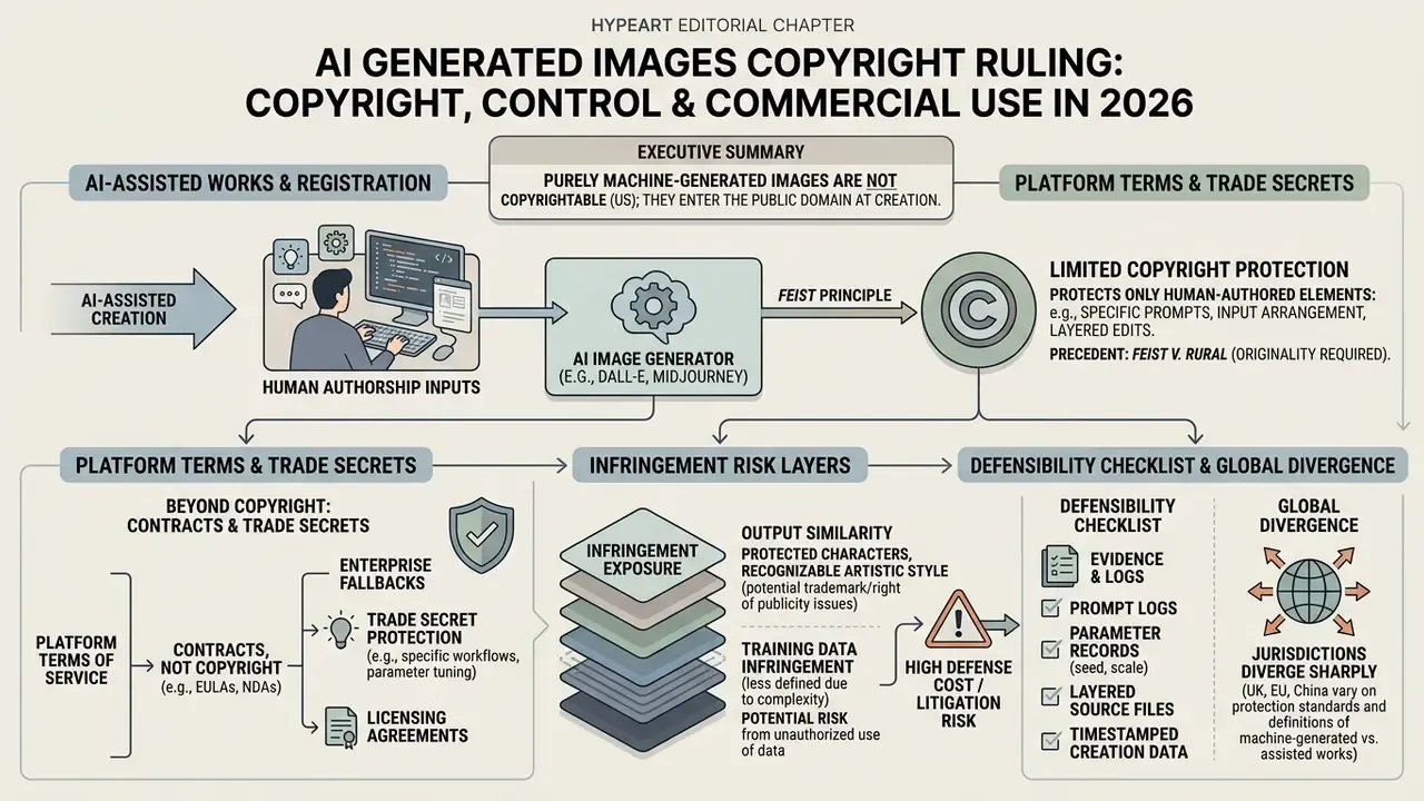 Infographic detailing the legal framework for AI generated images copyright ruling and risk management