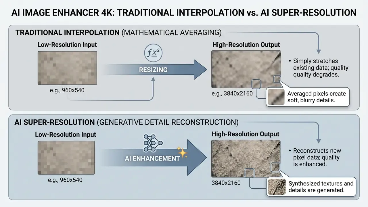 Diagram comparing traditional pixel interpolation with AI super-resolution for image enhancement