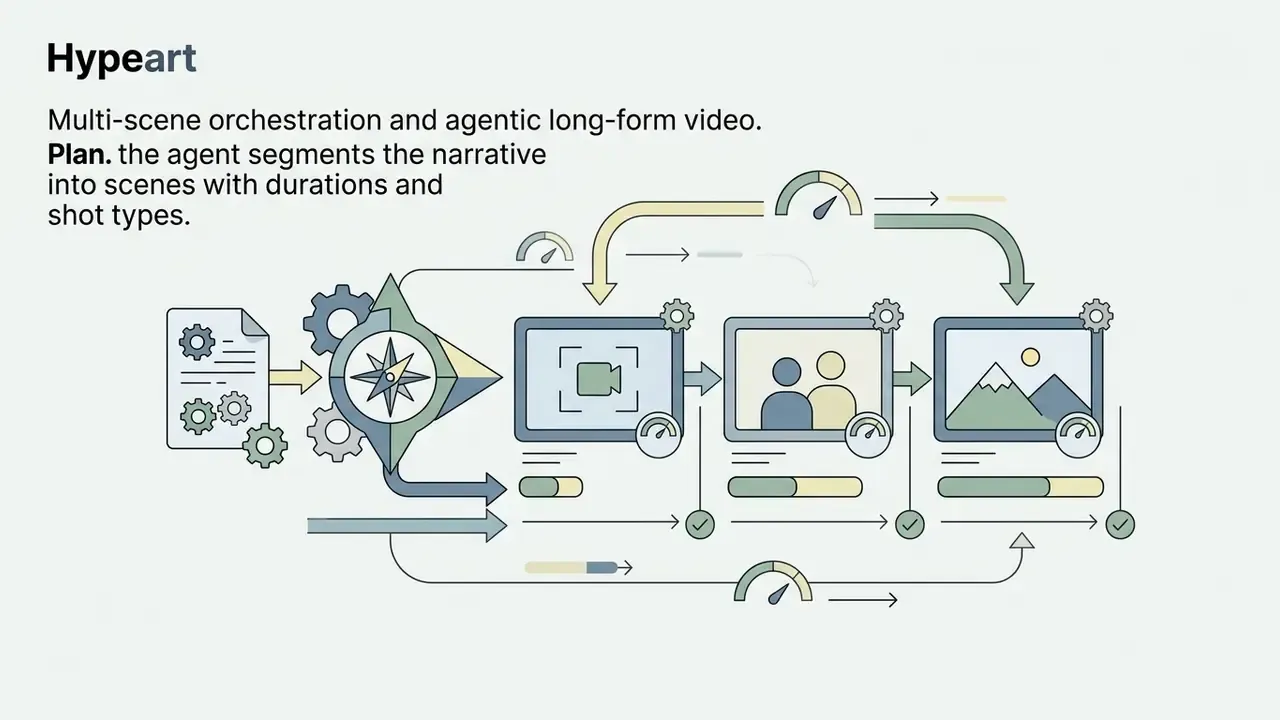 Workflow showing a document feeding into a compass engine to segment narrative into distinct video scenes