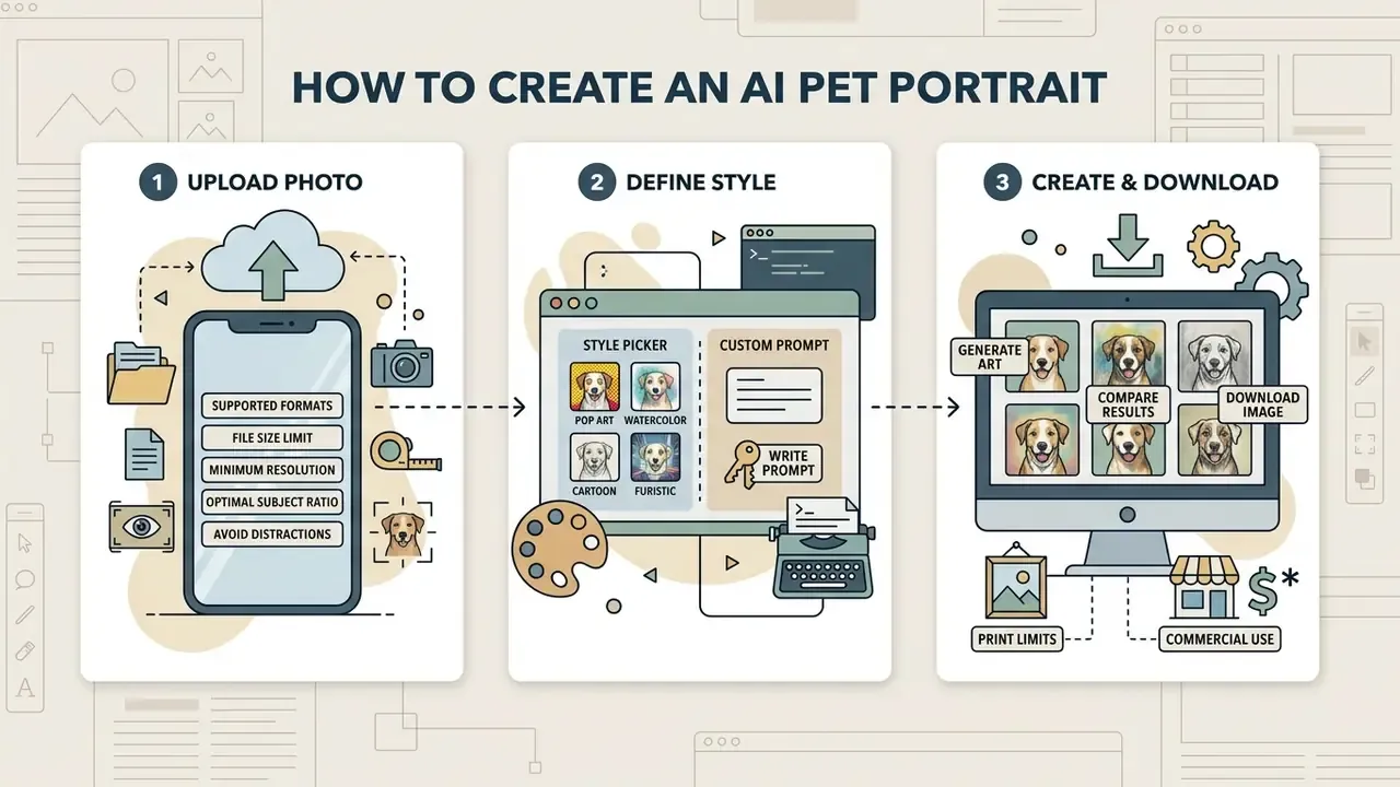 Infographic showing steps to upload a pet photo, select an art style, and generate or download images