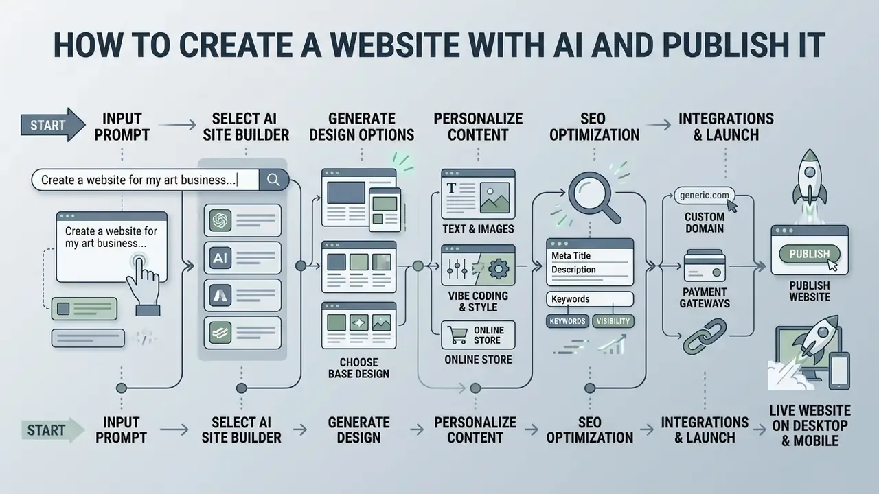 Step-by-step process flow showing how to use an AI website creator from prompt to final publication