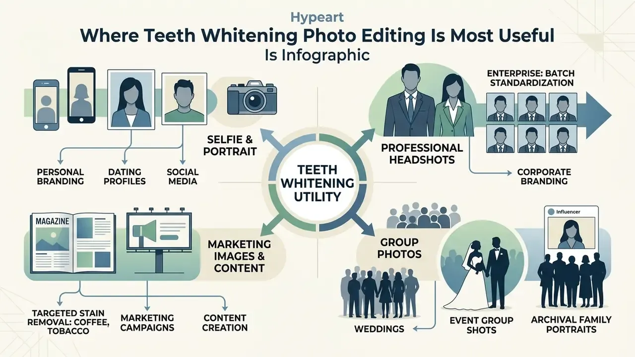 Central diagram branching into categories like professional headshots, marketing content, and portraits