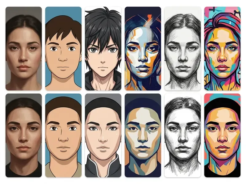 Grid of two rows showing a face transformed into various artistic styles like anime, sketch, and pop art