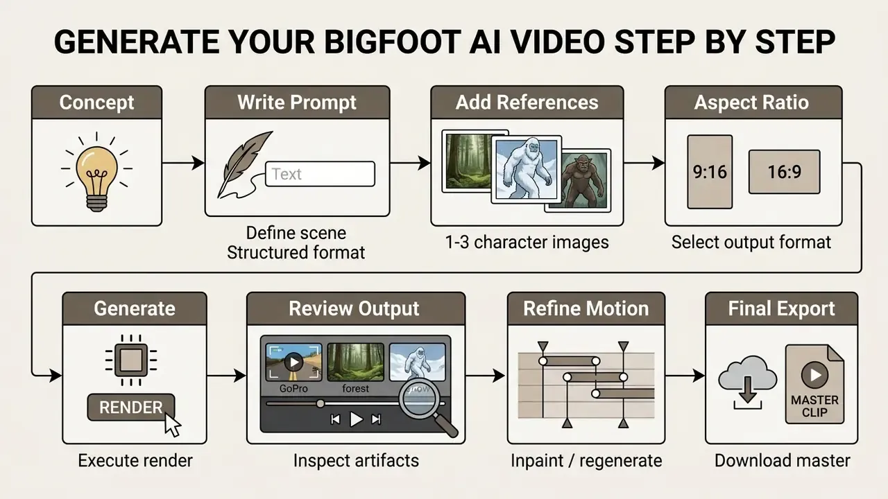 Sequential workflow diagram outlining the eight stages to create a Bigfoot AI video from concept to export