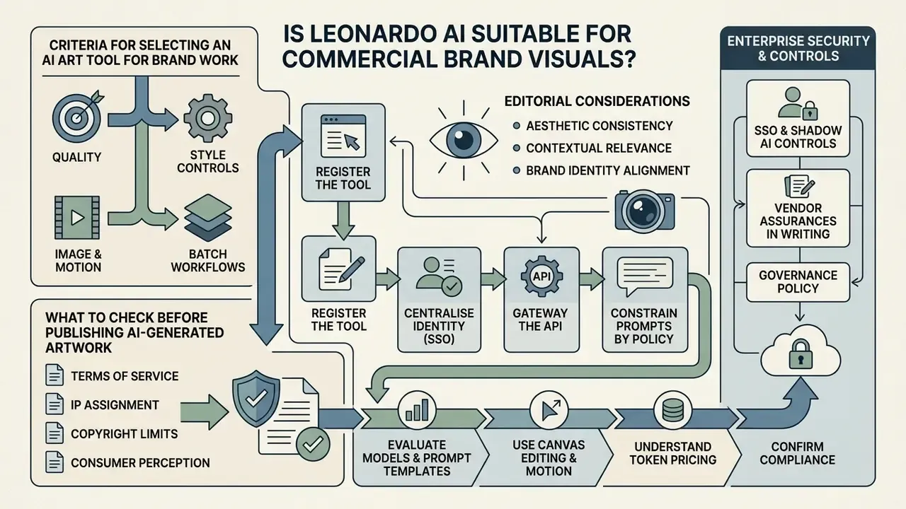 Diagram detailing criteria, editorial considerations, and security controls for using Leonardo AI for brands