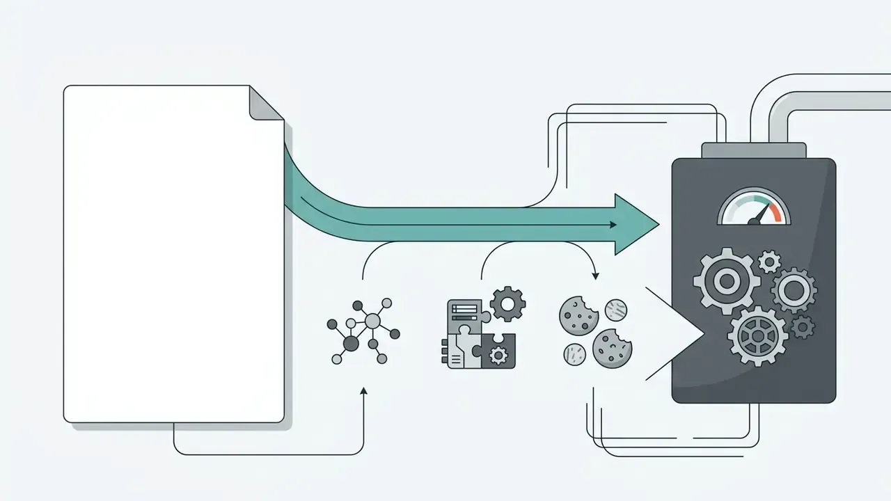Document icon feeding data through network nodes, device identifiers, and cookies into a processing engine
