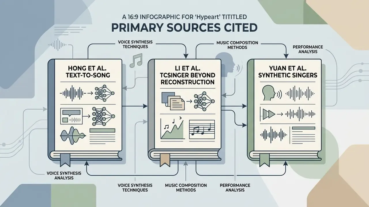 Three books representing academic research on voice synthesis, music composition, and performance analysis