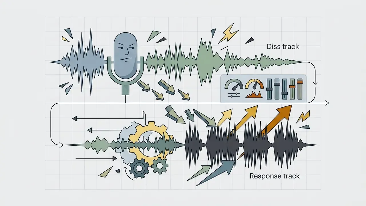 Audio waveforms showing the transition from a diss track to an aggressive response track via gear controls