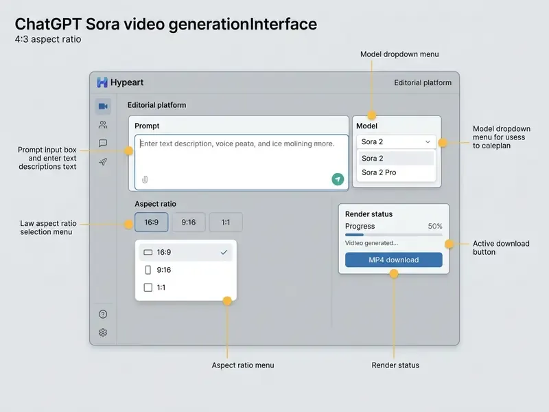 Annotated interface showing prompt box, model selection, aspect ratio controls, and render status for Sora
