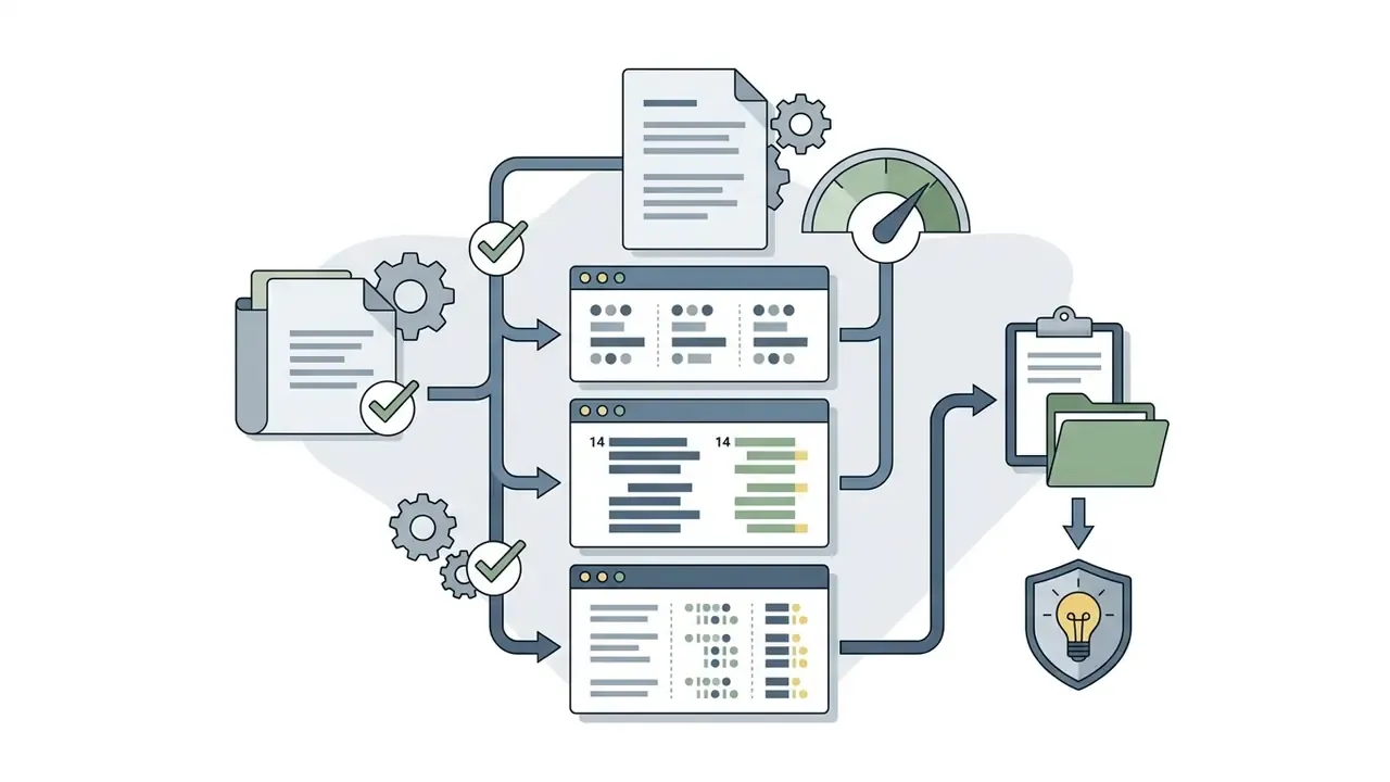 Documents and data windows moving through a gear system to be organized into a folder and lightbulb icon