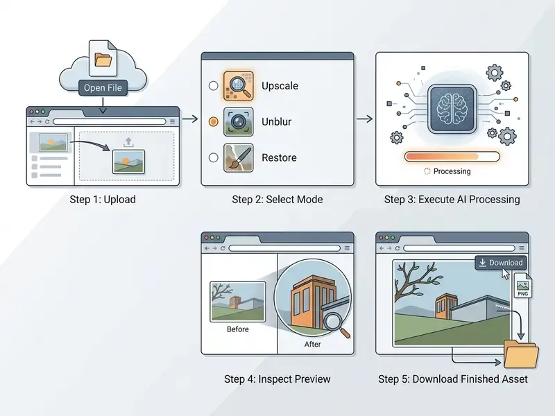 Five-step workflow for using a free AI photo enhancer to upload, process, preview, and download images