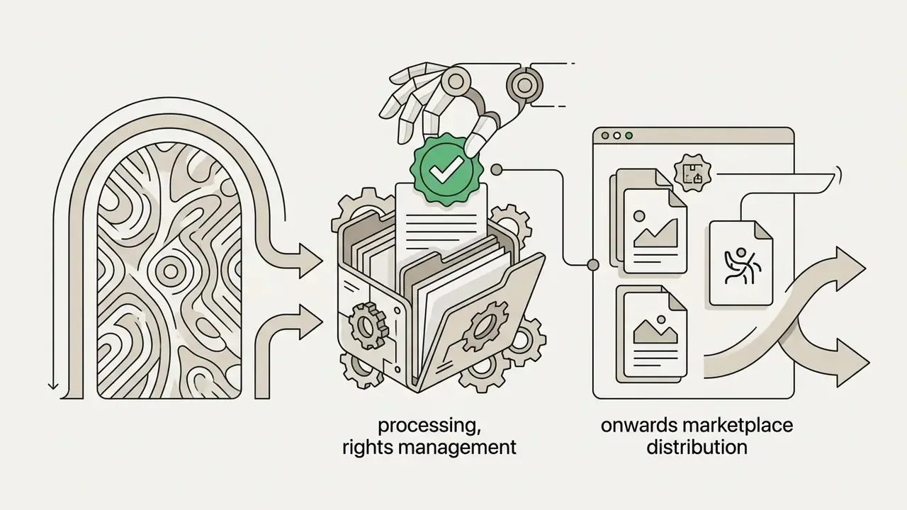 Robotic hand applying a checkmark to a file folder before distributing images to a digital marketplace