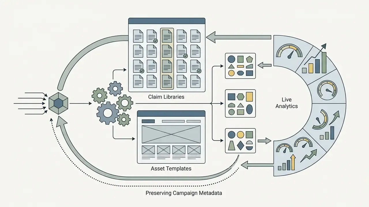 Loop diagram showing live analytics feeding back into claim libraries and asset templates for AI ad tools