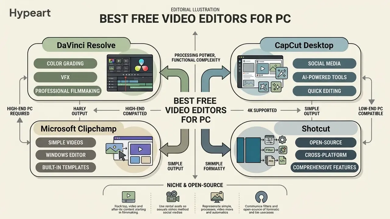 Comparison chart of free video editing software for PC highlighting key features and hardware requirements