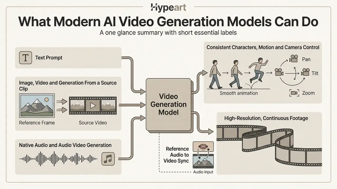 Diagram showing how AI video generation models process text, images, and audio to create video content