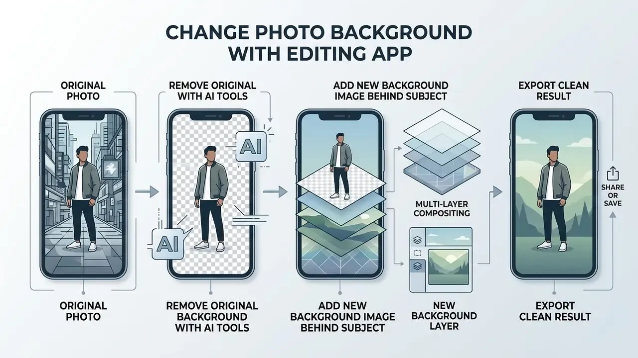 Sequence showing how to change photo background on iPhone using AI tools and multi-layer compositing